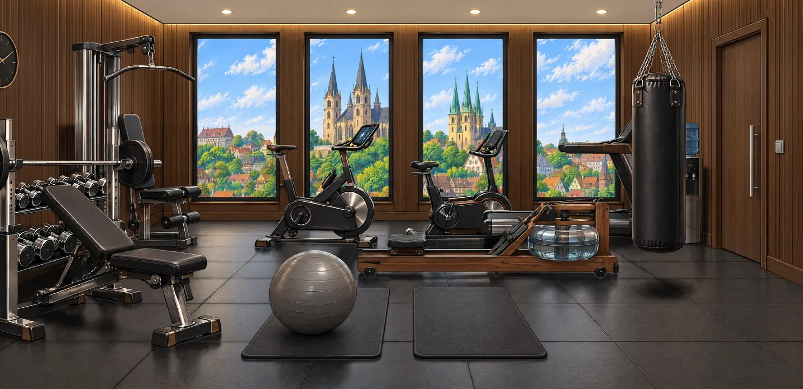 Der Fitnessraum im dritten Stock mit Blick auf Dom und Severikirche