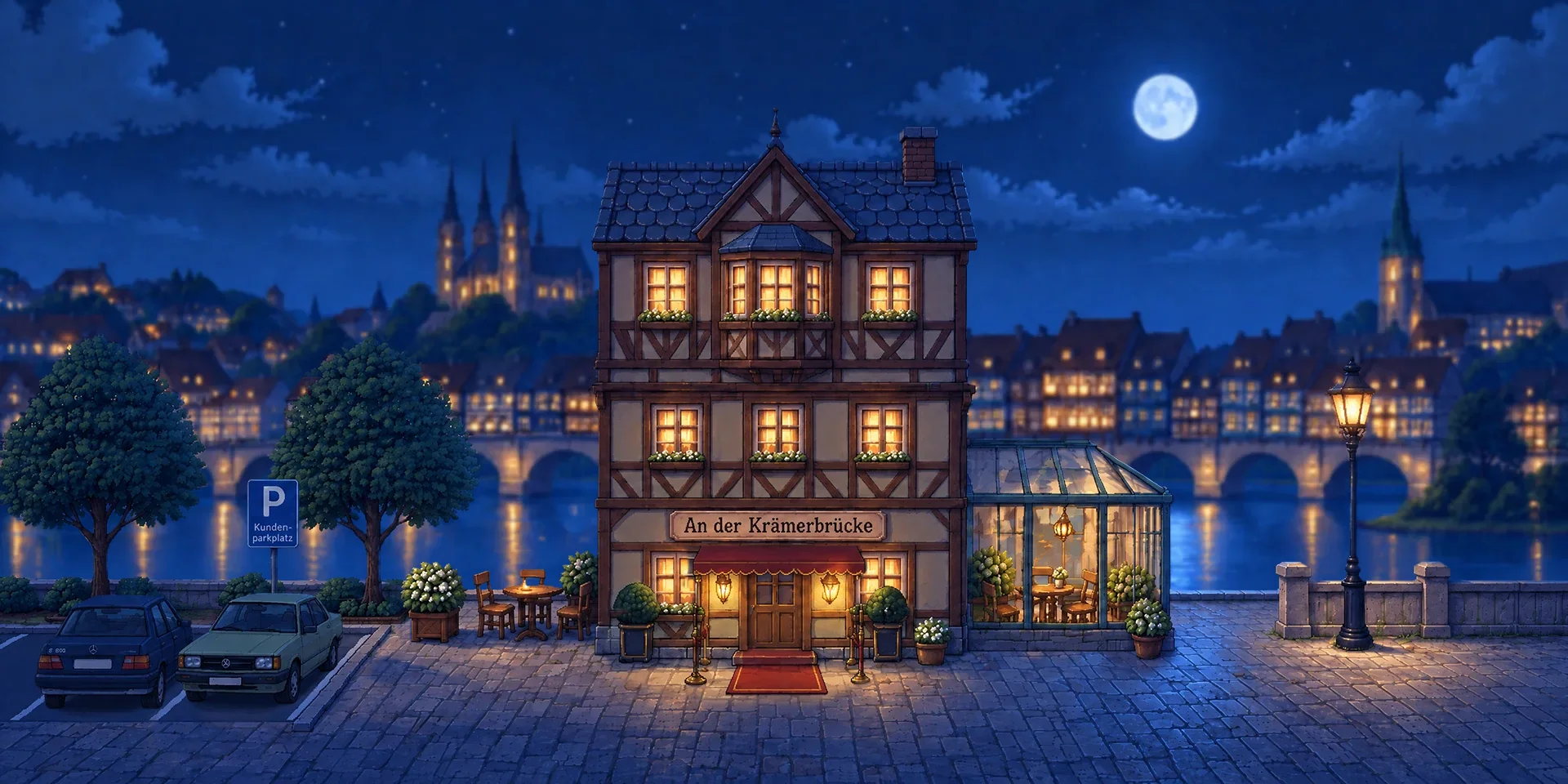Das aufgestockte Haus mit Wintergarten bei Nacht