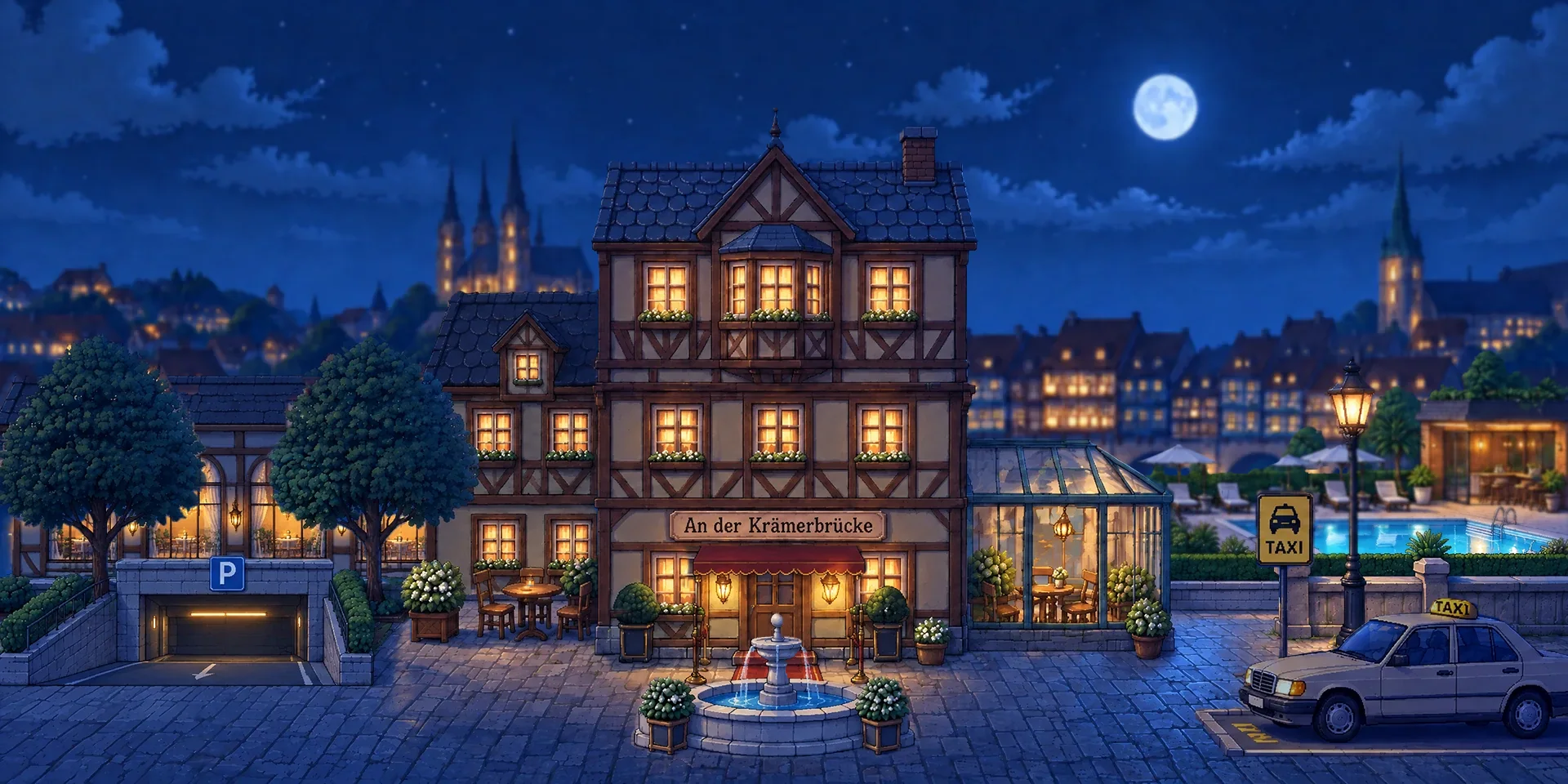 Das Haus mit Seitenflügel, Pool und Event-Space bei Nacht