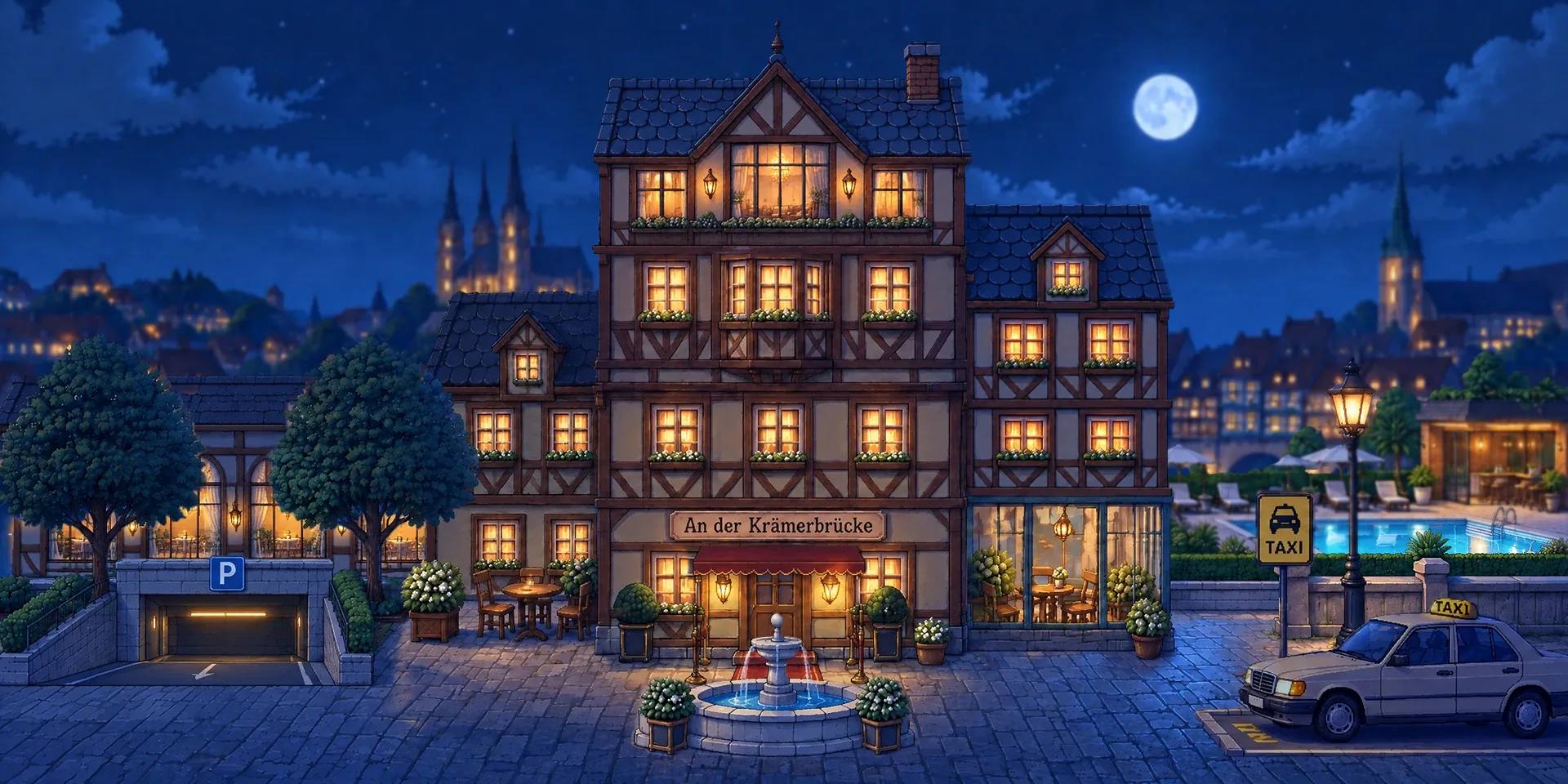 Das ausgebaute Hotel bei Nacht