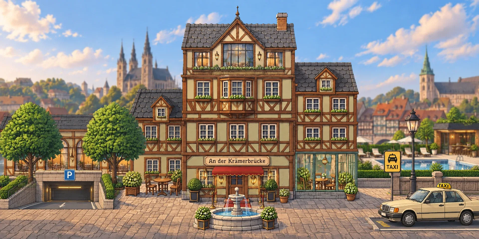 Das ausgebaute Hotel an der Krämerbrücke in Erfurt bei Tag