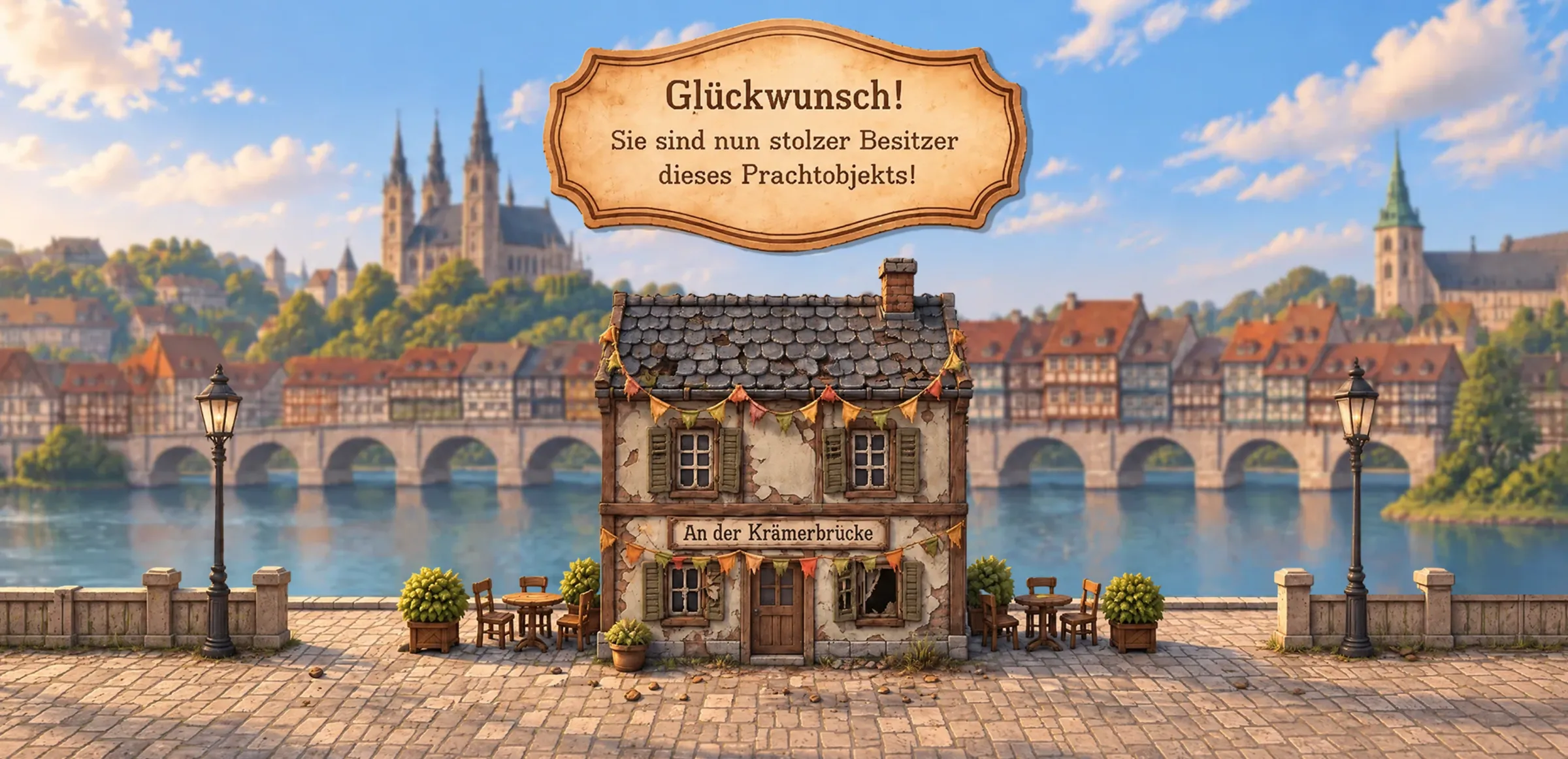 Das gekaufte Haus an der Krämerbrücke mit Wimpeln und einem Schild: Glückwunsch, Sie sind nun stolzer Besitzer dieses Prachtobjekts
