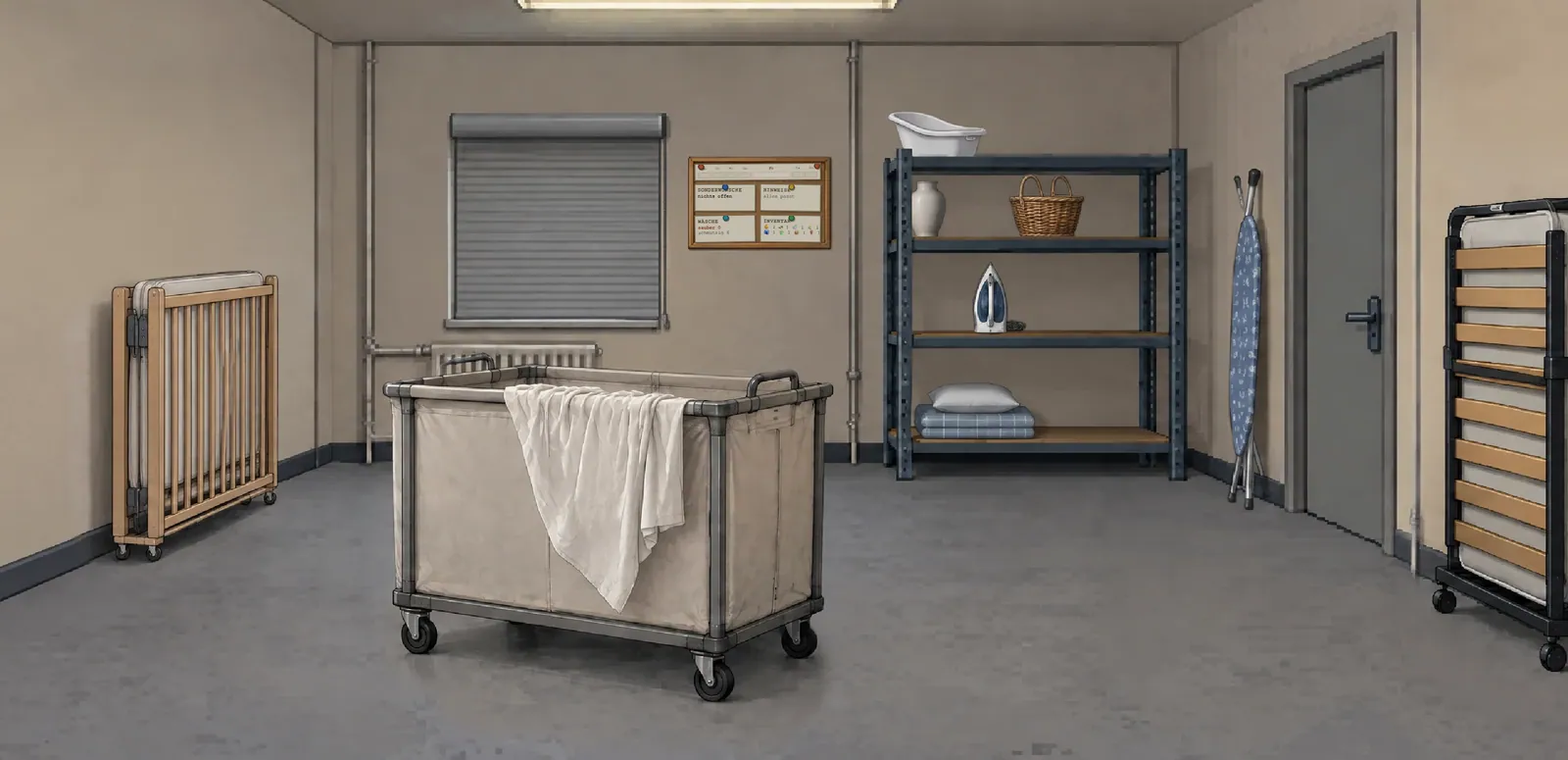 Der Lagerraum mit Wäschewagen, Regal voller Inventar, Kinderbett, Zustellbett und Pinnwand