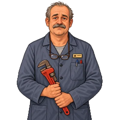 Bernd Kowalski im grauen Arbeitskittel mit einer Rohrzange