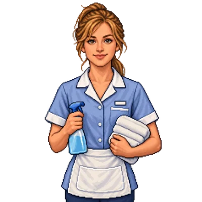 Sofia Mendes in blauer Housekeeping-Uniform mit Sprühflasche und Handtüchern