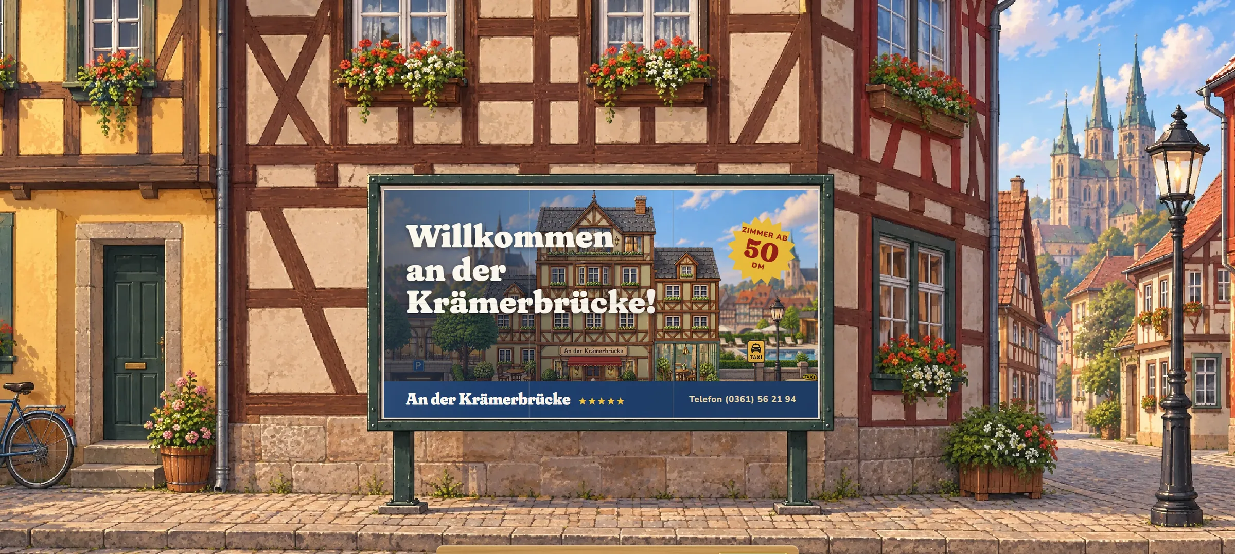 Großflächenplakat in der Erfurter Altstadt: Willkommen an der Krämerbrücke, Zimmer ab 50 DM