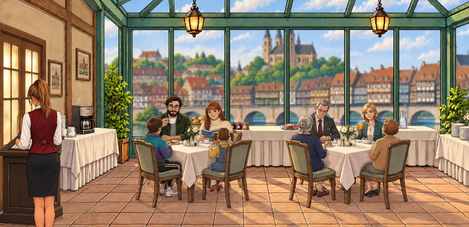 Frühstück im Wintergarten: Gäste an gedeckten Tischen, die Frühstückskraft am Pult